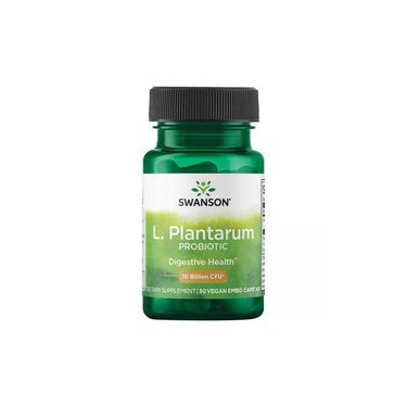 A green bottle of Swanson L. Plantarum Probiotic 10 Billion CFU contains 30 vegan Embo capsules for digestive health.